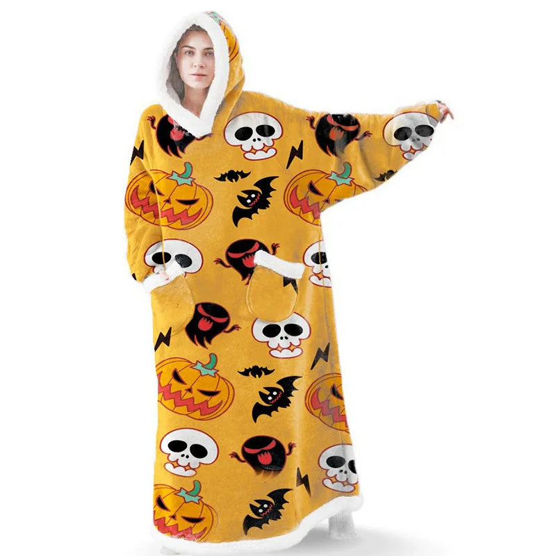 

New Flannel Lamb Wool Halloween Christmas Winter Warm Wearable Casual Long Lazy Blanket Hooded Lazy Sofa Blanket Bedding