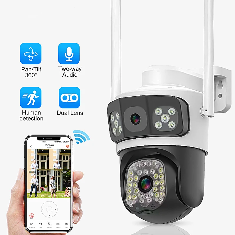 

4MP UHD WiFi or 4G IP Camera V380 Dual-Camera Lens System PTZ 4X Zoom Full Color Night Vision Motion Detection Alarm Push Cam