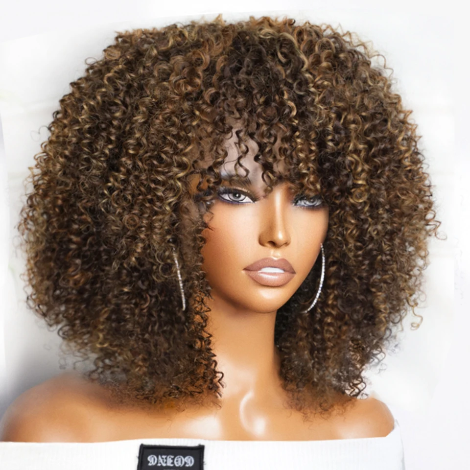 Human Hair Wigs Short Afro Kinky Curly Wig With Bangs Peruvian Highlight Brown Glueless Full Machine Wig 250 Density For Black Women Human Hair