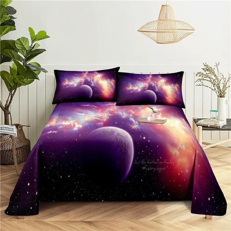 Galaxy Cosmic Planets Bed Sheet Set Soft Polyester Bed Flat Sheet With Pillowcase Romantic Universe Print Bed Sheet Home Textile