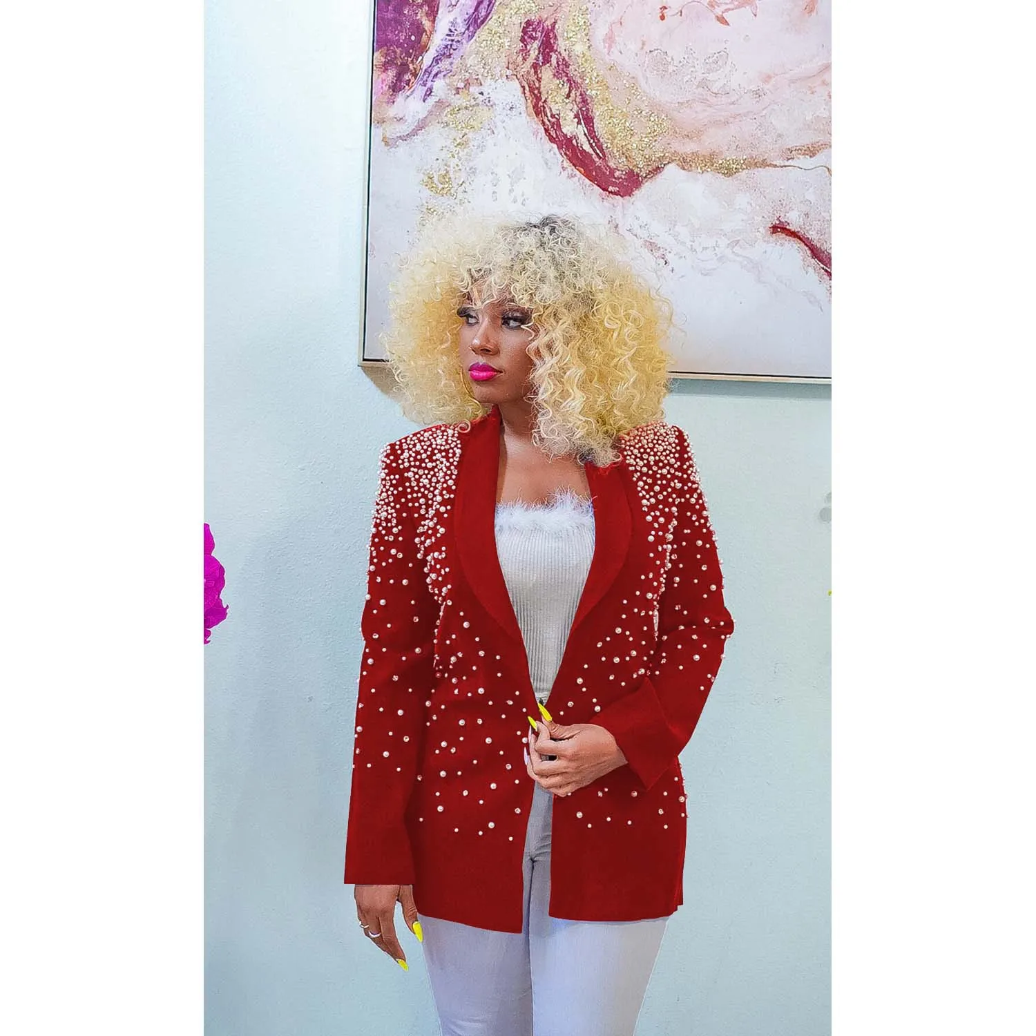 

Office Ladies Solid Color Bubble beads large lapel long sleeve Suit Jacket Chic collarless single breasted jacket Retro Ladies f