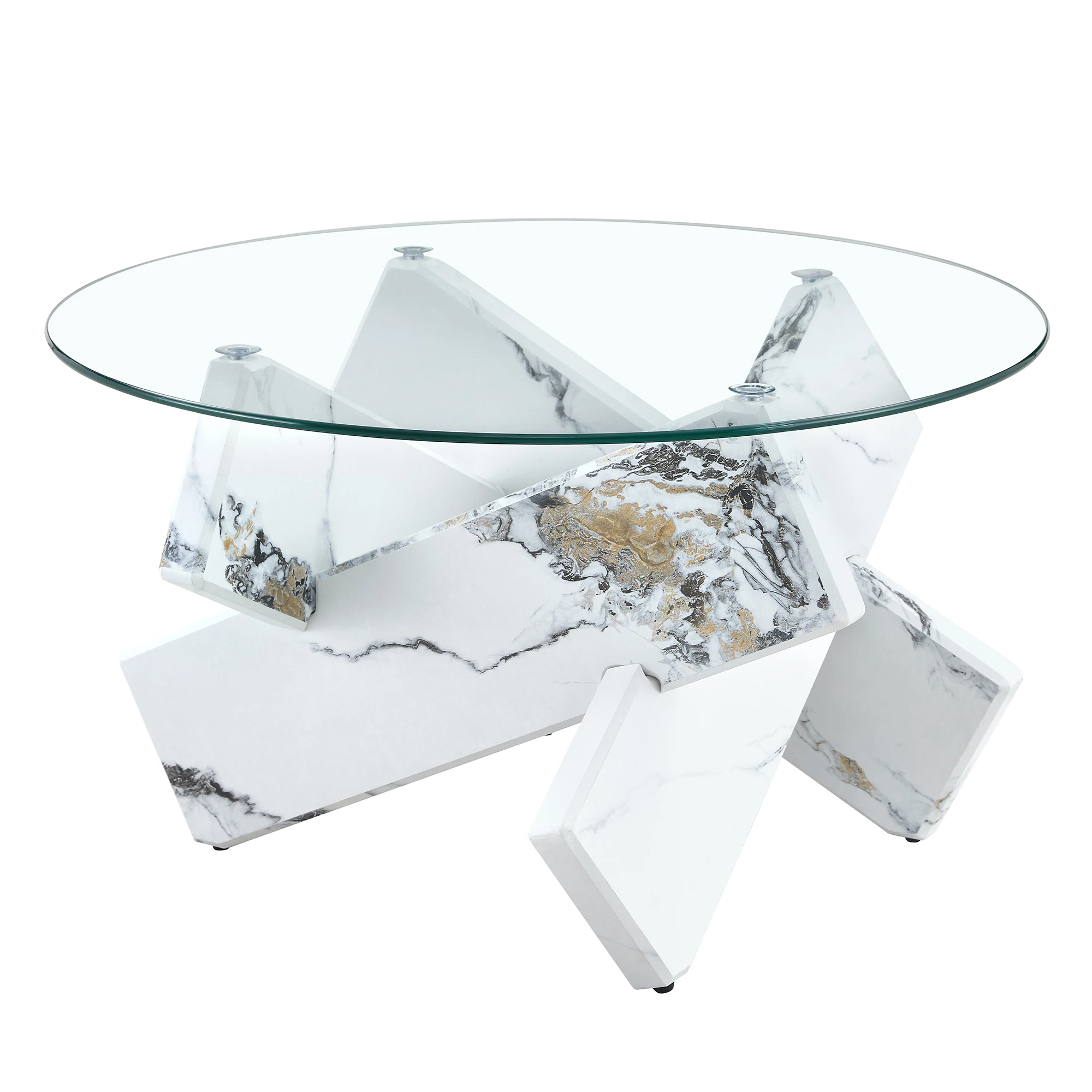Mehrfarbig optionaler runder Couchtisch aus MDF + Glas: weiße, marmorierte Stützbeine, schlicht und stilvoll. 79cm Durchmesser – Detail 21