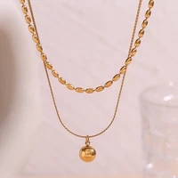E.B.belle Simple Double-layer Rice bead Pendant Necklace 316L Stainless Steel Decoration 18K Gold Plated Jewelry