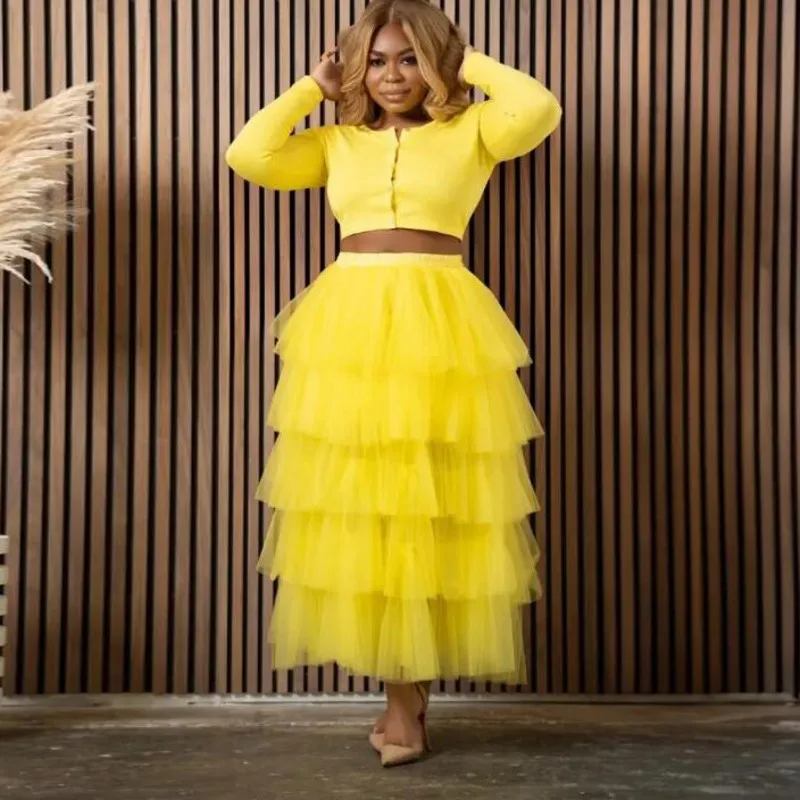 

Photography Women Skirt Tulle A Line Lush saia Layered Long Skirt Yellow Ruffle Ankle Length Tutu Skirts Elastic Waistband