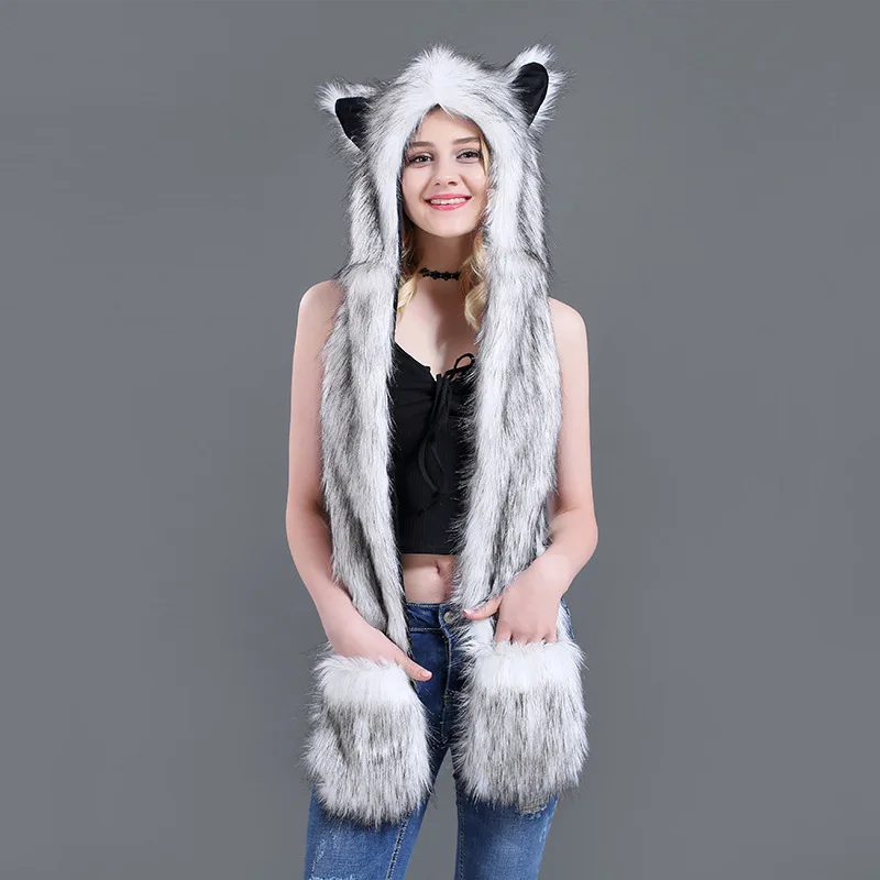 Winter Hood Animal Hat Ear Flaps Hand Pockets 3in1 Animal Hood Hat Wolf Plush Warm Cap Scarf Gloves Costume