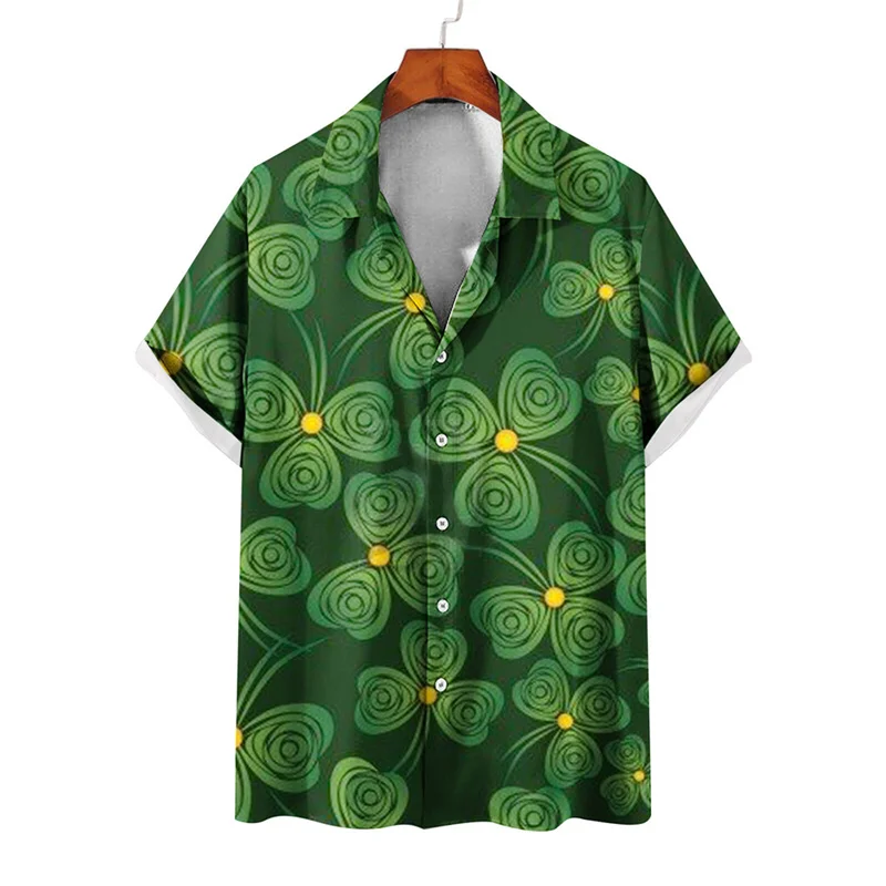 thumbnail image 1 of Camisas de playa de verano de Hawái 2024, camisa para hombre y mujer, camisa de pareja con solapa estampada de trébol de cuatro hojas, camisas florales verdes, 1 of 5