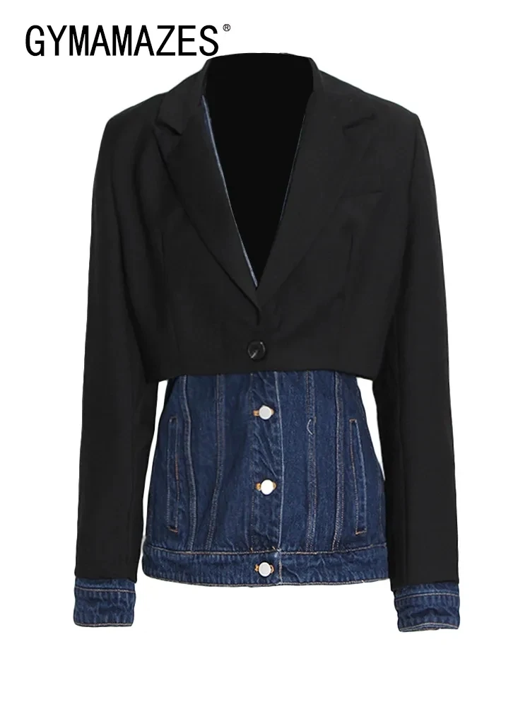 

GYMAMAZES Colorblock Spliced Denim Blazers For Women Notched Collar Long Sleeve Single Breasted Slimming Coats Female Fashion