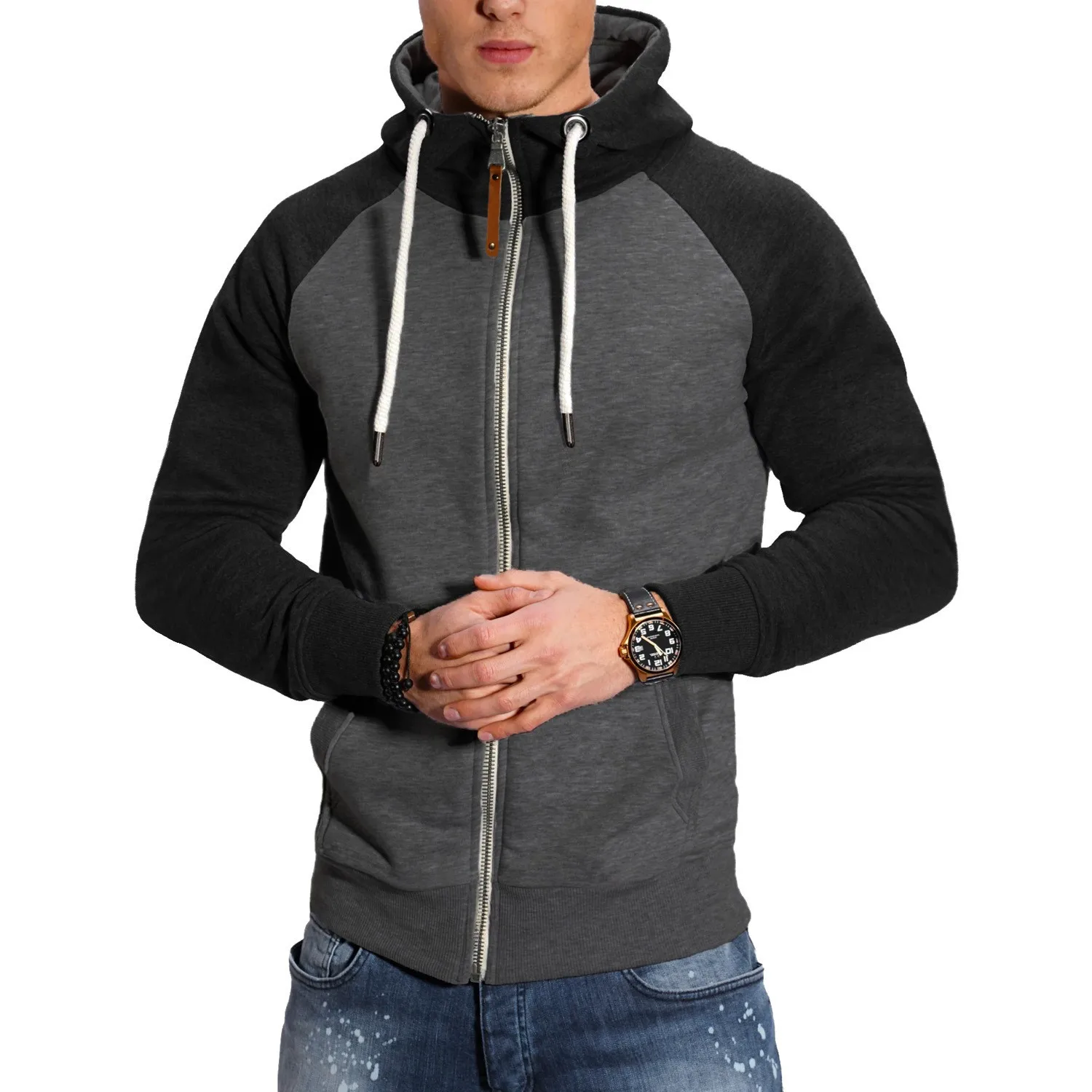

AliExpress new European and American men's sports velvet cardigan color matching sweatshirt casual fashion European size hoo