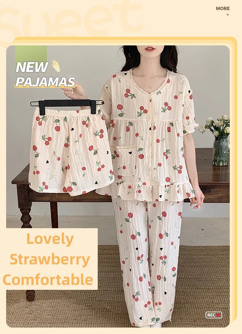Yasuk Primăvară Toamnă Vară Femei Casual Moale Sleepwear Pamas Set cu Pantaloni Lungi Scurti Dulce Imprimeu Dantelă Căpșuni_voghion.com