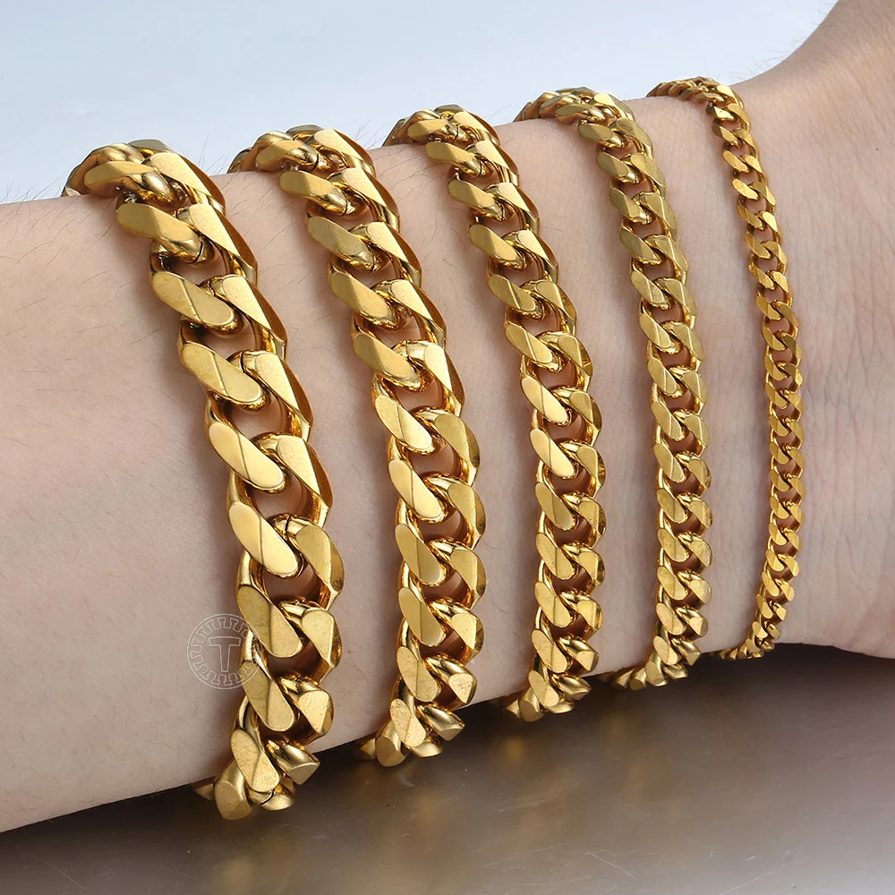 3-11MM Gold Color Stainless Steel Bracelets For Men Women Unisex Curb Cuban Link Chain Simple Wrist Jewelry Gifts