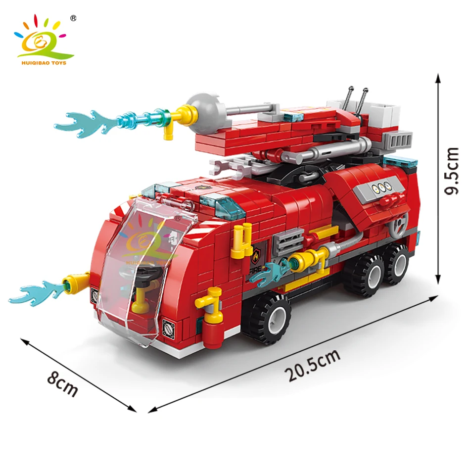 HUIQIBAO 493pcs 6in1 Fire Truck Building Blocks Firefighting Car Set Fireman Figure Bricks City Construction Toy for Children