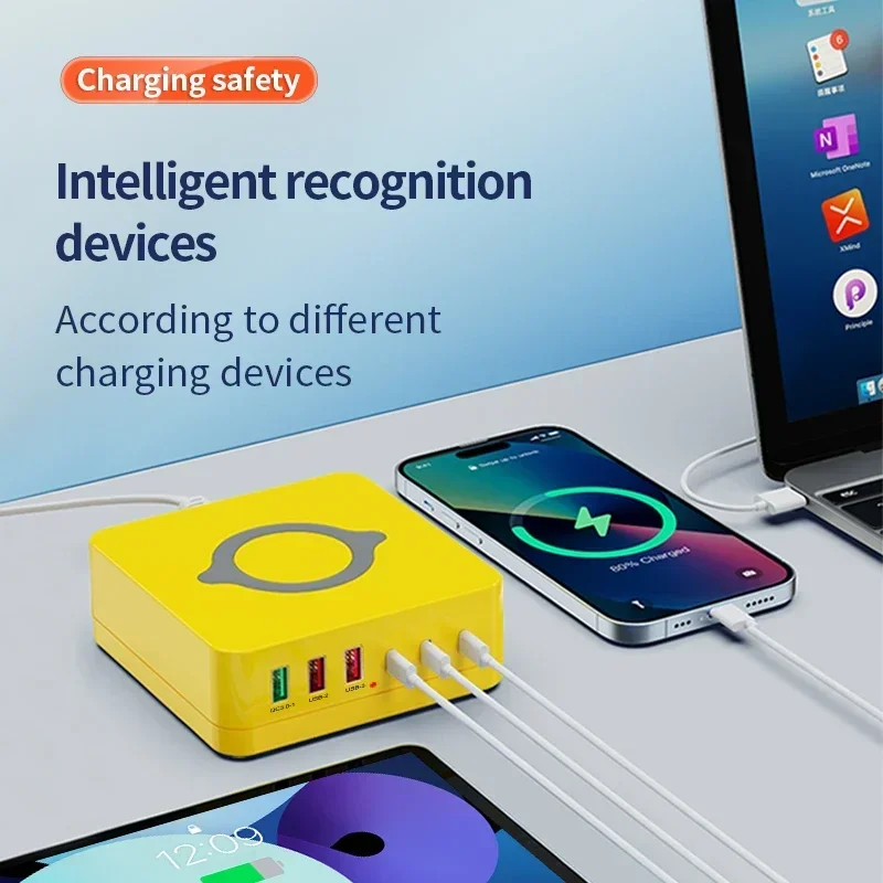 140W 6 Ports USB Phone Charger Station Fast Wireless Charging Stand QC PD3.0 65W Quick Charge for Laptop Tablet iPhone Samsung Xiaomi