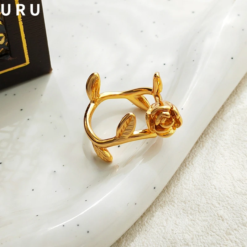 Trendy Jewelry Rose Flower Rings Popular Style Elegant Temperament High Quality Brass Gold Color Adjustable Rings For Women