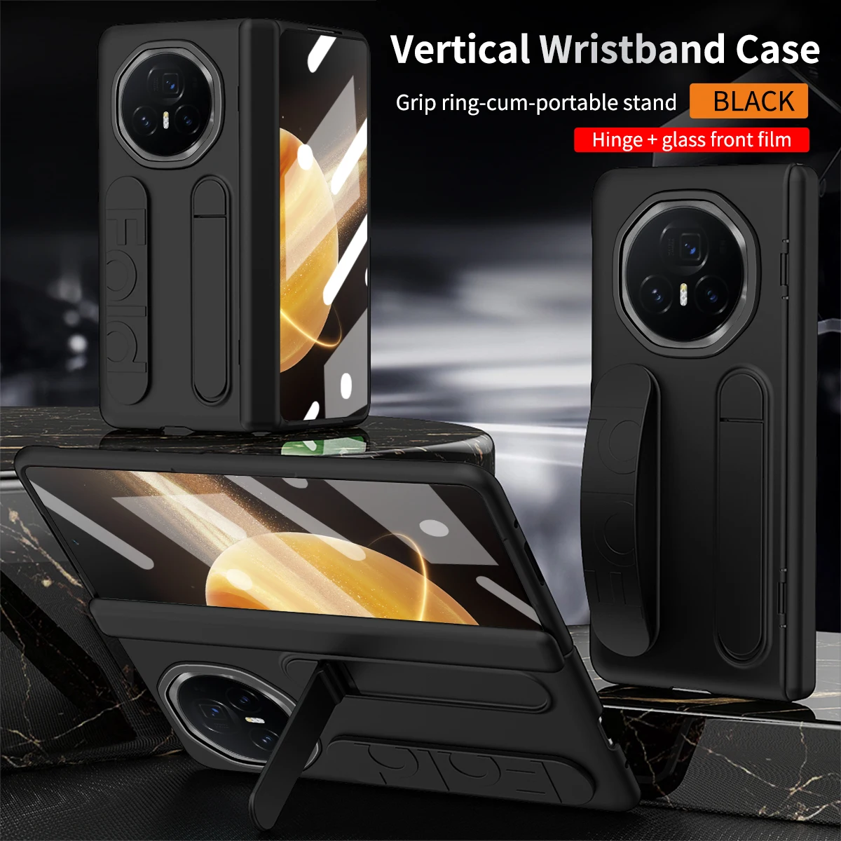 For Honor Magic V3 Silicone Fabric 3-in-1 Protective Phone Case with Wristband and Stand
