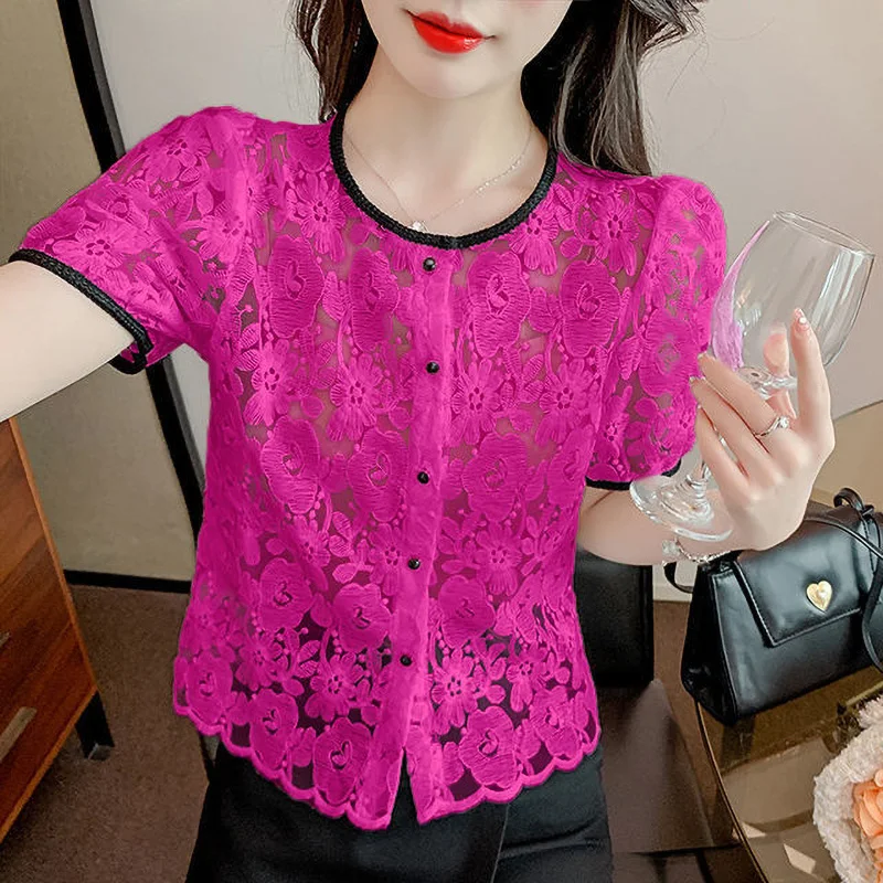 Sweet O-Neck Button Lace Hollow Out Shirt Female Clothing 2024 Summer New All-match Chic Tops Office Lady Blouse