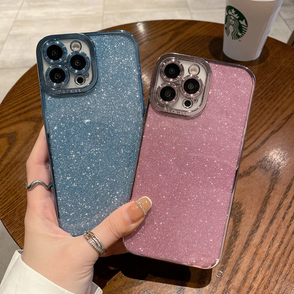 Glitter Square Plating Blue Case For iPhone 14 13 Pro Max 11 12
