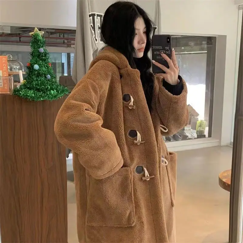 2023 Winter New Women Lamb Wool Coat Female Long Below The Knee Fashion Cow Horn Button Outcoat Loose Hooded Warm Cotton Outwear