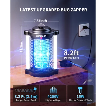 Minimoon Bug Zapper Outdoor Mosquito Zapper with Dual LED Light 4200V Fly Zapper 15W Electric Fly Traps Outdoor IPX4 Insect Trap 5