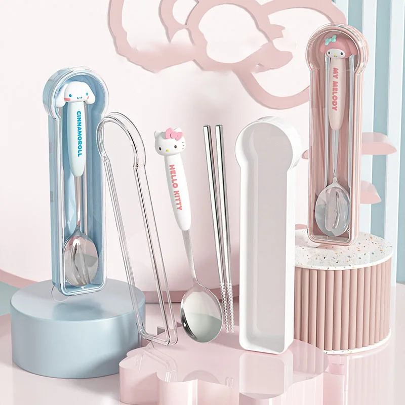 

Kawaii Sanrio Anime Chopsticks Spoons Cute Hello Kittys My Melody Cinnamoroll Cartoon Portable Students Cutlery Gifts for Kids