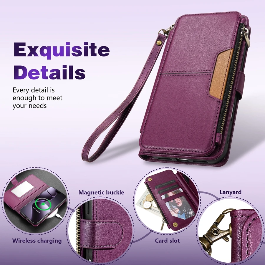 Luxury Leather Wallet Case with Multi-card Slots and Zippered Kickstand