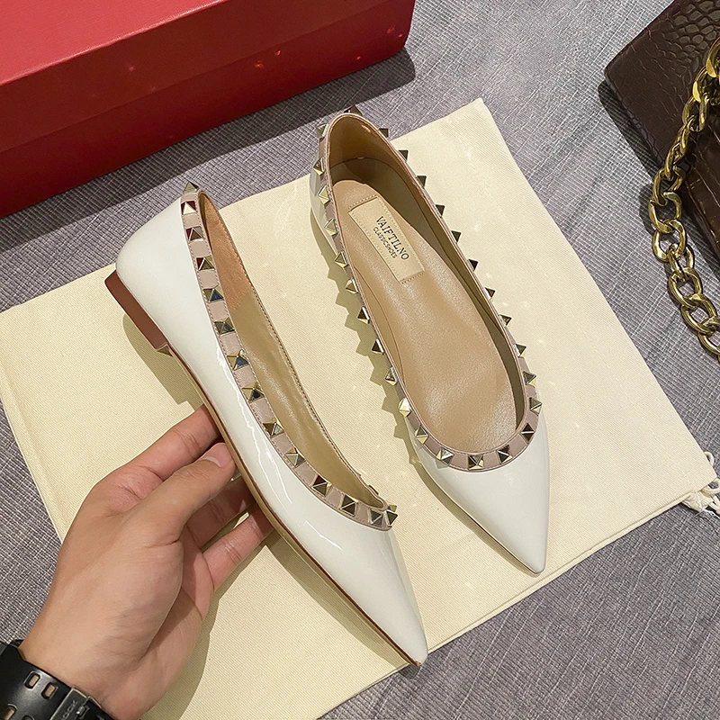 French Style Pointed Flat Bottomed Women's Shoes Trendy Fashion Rivets Shallow Black Patent Leather Single Shoes for Women women shoes women flats