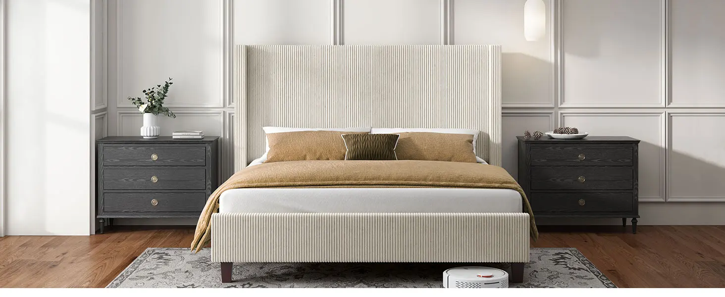 Description Picture 3 of itemHOWE Queen Size Upholstered Platform Frame,Wingback Bed with 50.8" Headboard,Corduroy/Solid Wood Leg/No Box Spring Needed/No
