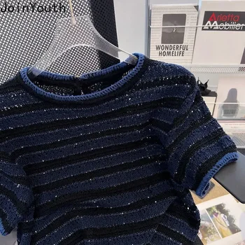 Camicie per le donne Magliette in maglia 2025 Ropa Mujer Manica corta O-Collo T-shirt a righe Y2k Top Chic Casual Summer Tees Crop Top