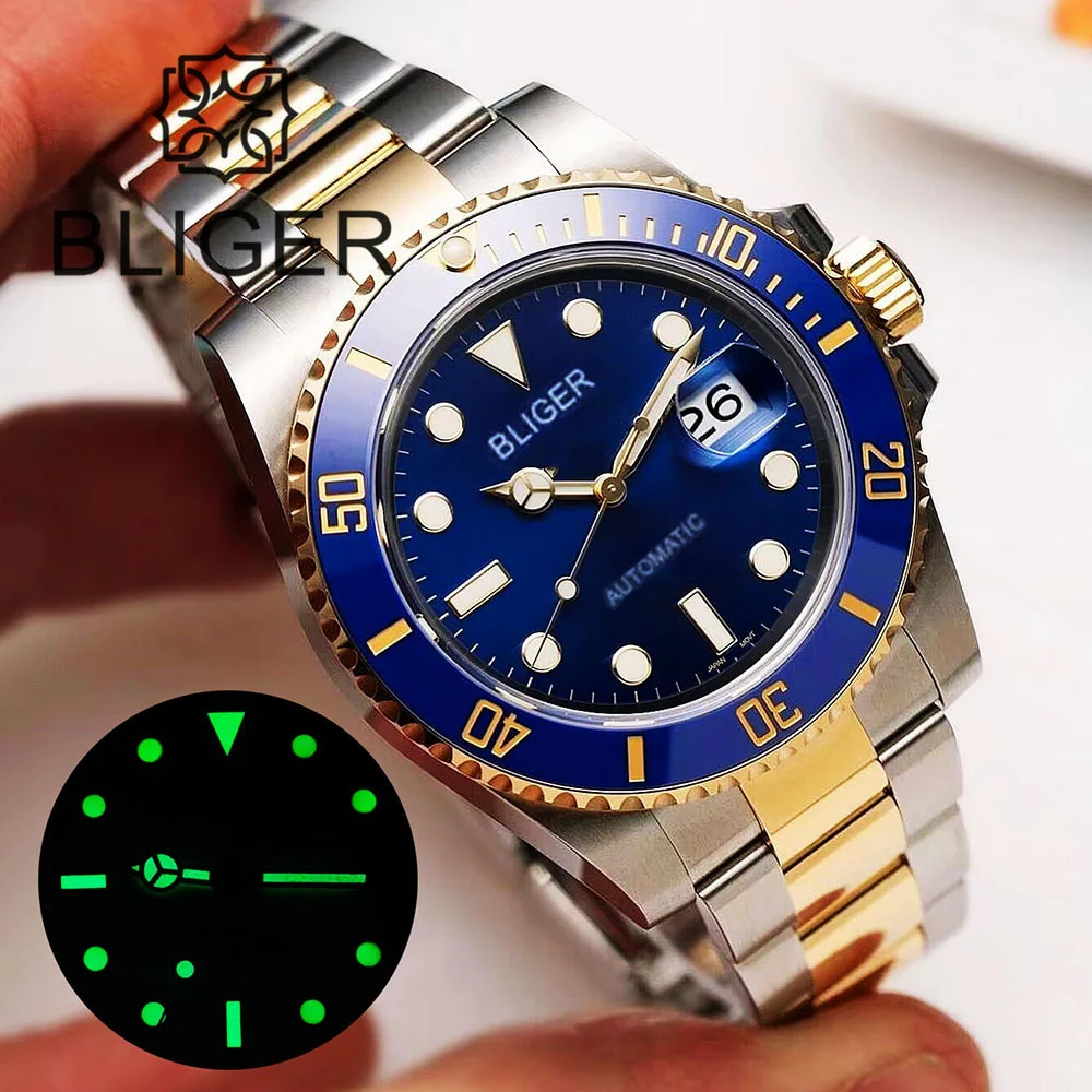 

BLIGER 40mm Diver's Watch For Men Luxury Automatic Mechanical Wristwatches Sapphire Glass Luminous Two-tone Gold Stainless Steel