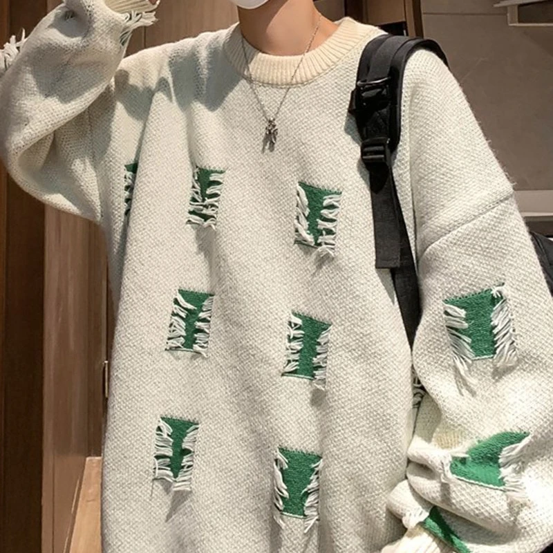 남성용 루즈한 뜨게 풀오버, 캐주얼 데일리, 따뜻한 O넥, 닳은 십대, 일본 스타일, 커플 패션, 하이 스트리트, 가을, 겨울