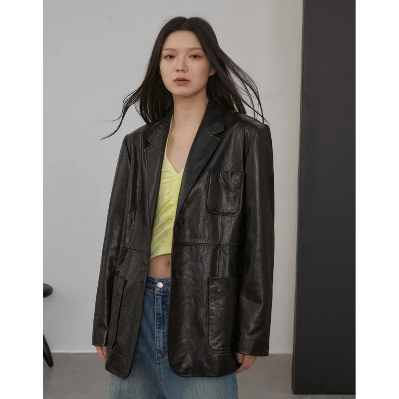 

2023 Autumn/Winter Oil Wax Style Sheepskin Suit Leather Coat Loose Casual Jacket Coat Women