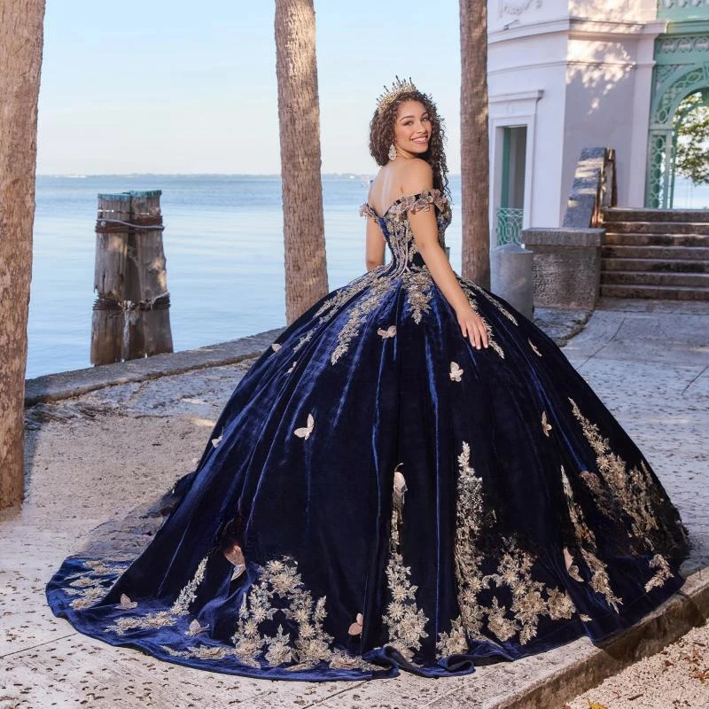 

New Navy Blue Quinceanera Dresses Ball Gowns Appliques Velvet Birthday Party Evening Dress Vestidos De 15 Quinceañera