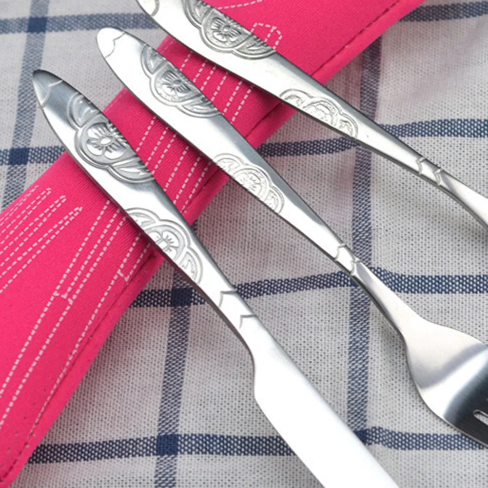 Bamboo Kitchen Cooking Utensil Tool Dinnerware Tableware Sets with Cloth Bag 3pcs Stainless Steel Western Food Cutlery Set