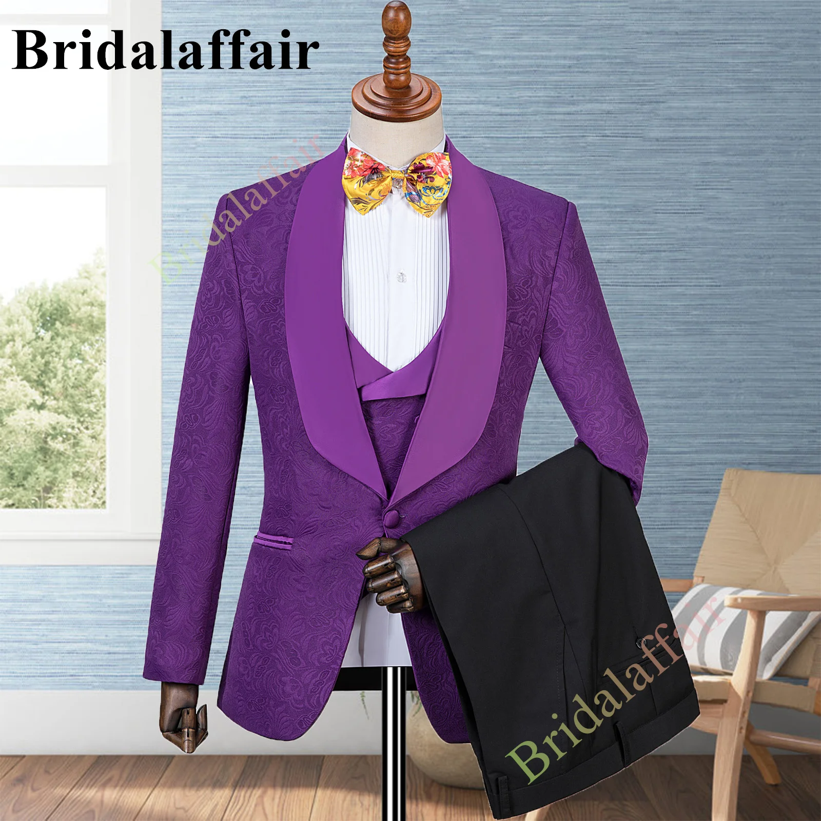 Bridalaffair Mens Purple Suits Floral Printed Jacquard Wedding Tuxedo Suit for Men 3pcs Blazer Jacket Pants Vest Costume Homme