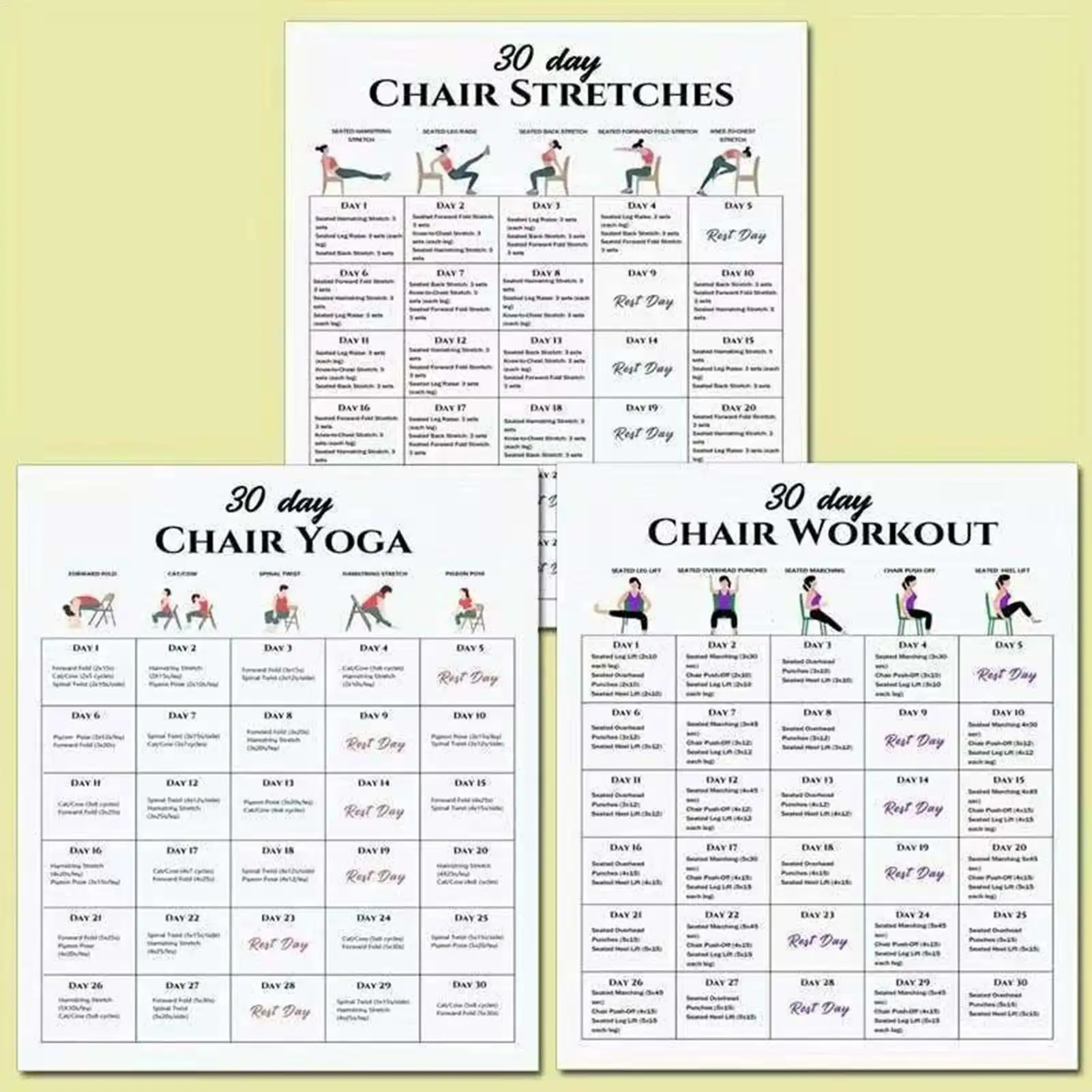 30-Day Chair Exercise Plan Poster Set for Seniors Fitness and Yoga