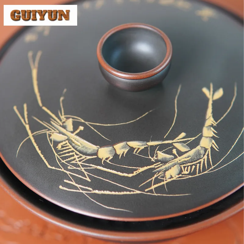 100ml Qinzhou Nixing Pottery Gaiwan Master Handmade Shrimp Play Tea Tureen Stone Carving Cover Bowl Full Hole Filter Lid Tea Set