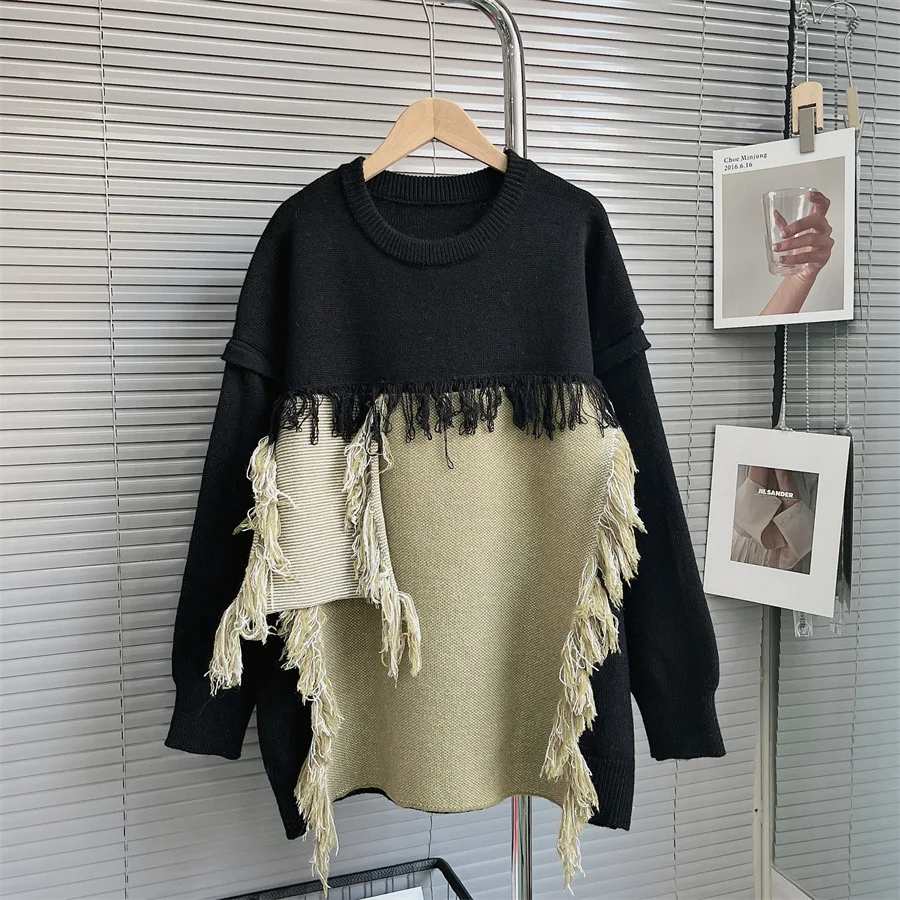 

Design Sense Heavy Industry Tassel Stitching Sweater Women Autumn And Winter New Loose Retro Lazy Wind Thick Sweater Top