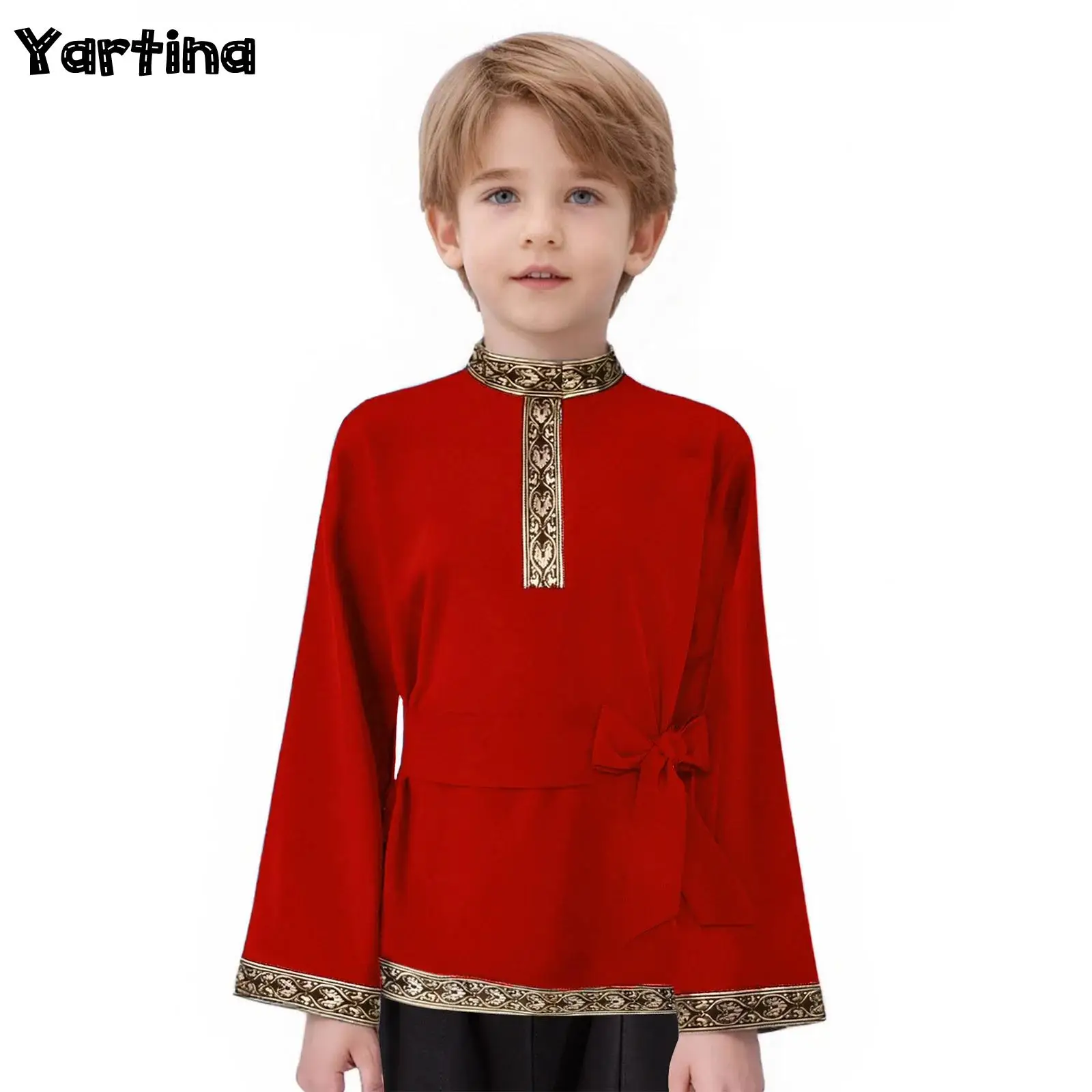 Unisex Boy Girls Traditional Russian Folk Costume Medieval Renaissance Shirt Invisible Press Button And Zipper with Belt