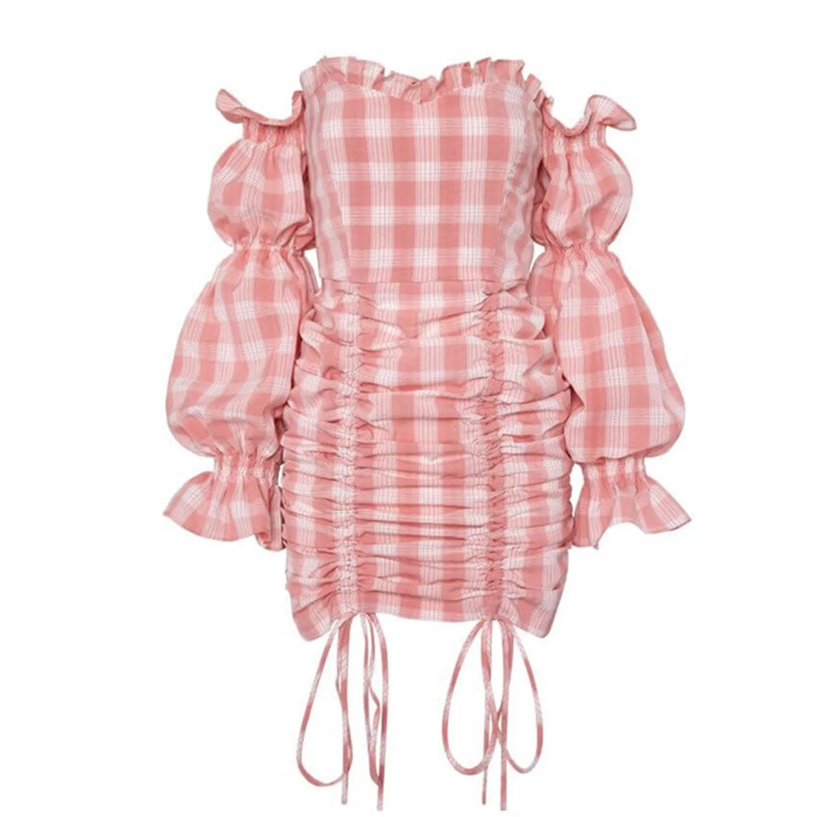 

Women Off Shoulder Long Puff Sleeve Plaid Drawstring Bodycon Strapless Dress Elegant Dresses For Women Female Dress 2024