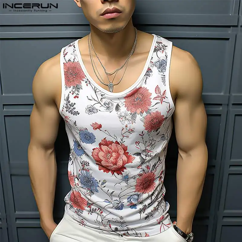 

2024 Men's Tank Tops Flower Printing O-neck Sleeveless Casual Male Vests Streetwear Summer Fashion Men Clothing S-5XL INCERUN