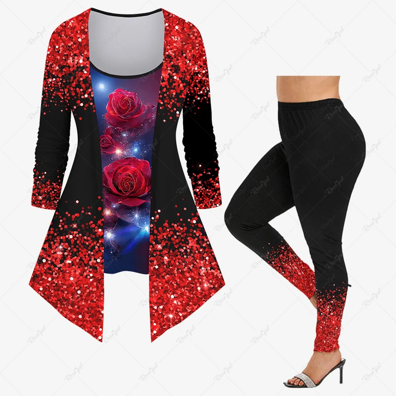 

Plus Size Women's Daily Casual Matching Set Colorblock Ombre Rose Flower Glitter Sequin 3D Print 2 In 1 T-shirt or Leggings