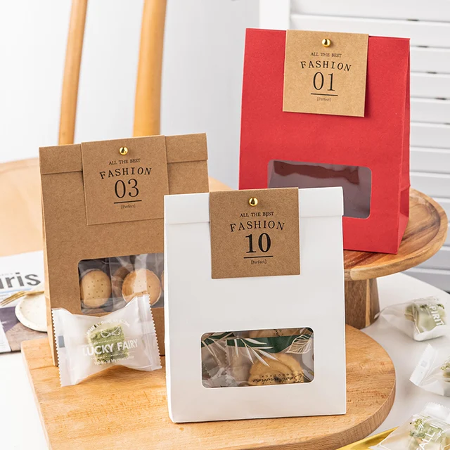 10 db Kraft Papírzacskók Átlátszó Ablakkal Esküvői Születésnapi Keresztelés Party Cukorka Sütemény Kekszcsomagoló Táska