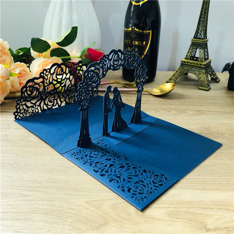 Description Picture 5 of item10 pieces 3D Pop-Up Light Blue Wedding Invitation Card, Tri-folded Laser Cut Pocket Bride & Groom Greeting Invite Cards IC144