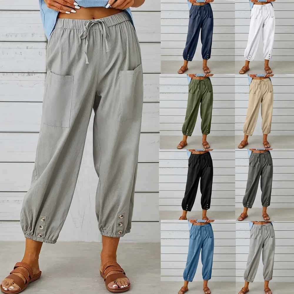 

Women Cotton Linen Pants Loose Comfort Elastic Waist Harem Pants Vintage Solid Casual Pockets Wide Leg Trousers Cropped Pants