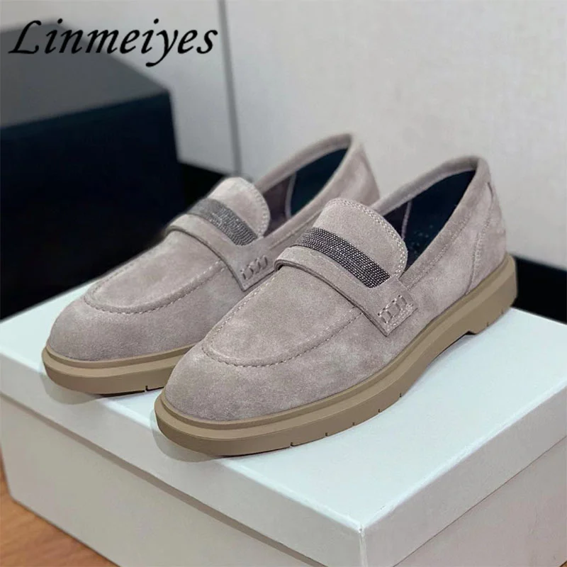 

Hot Sales Flat Shoes Women Luxury Cow Suede Chain String Bead Walk Shoes Female Round Toe Slip-on Casual Comfort Loafers Woman