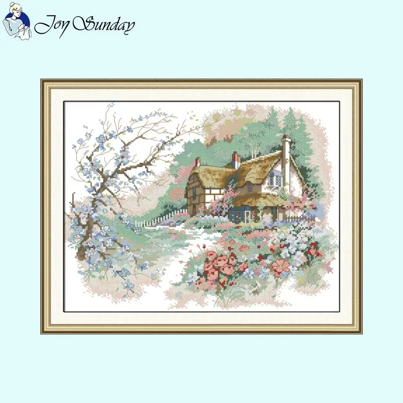 Flower House Landscape Cross Stitch Kits Aida 14CT 16CT 11CT White Canvas Fabric DMC Thread DIY Hand Embroidery Set Home Decor