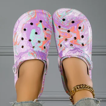 Garden Clogs Comfortable Women's Tie-dye Pattern Clogs, Slip On Lightweight Two-way Wear Clogs, Non-slip Summer Beach Slides 666 1