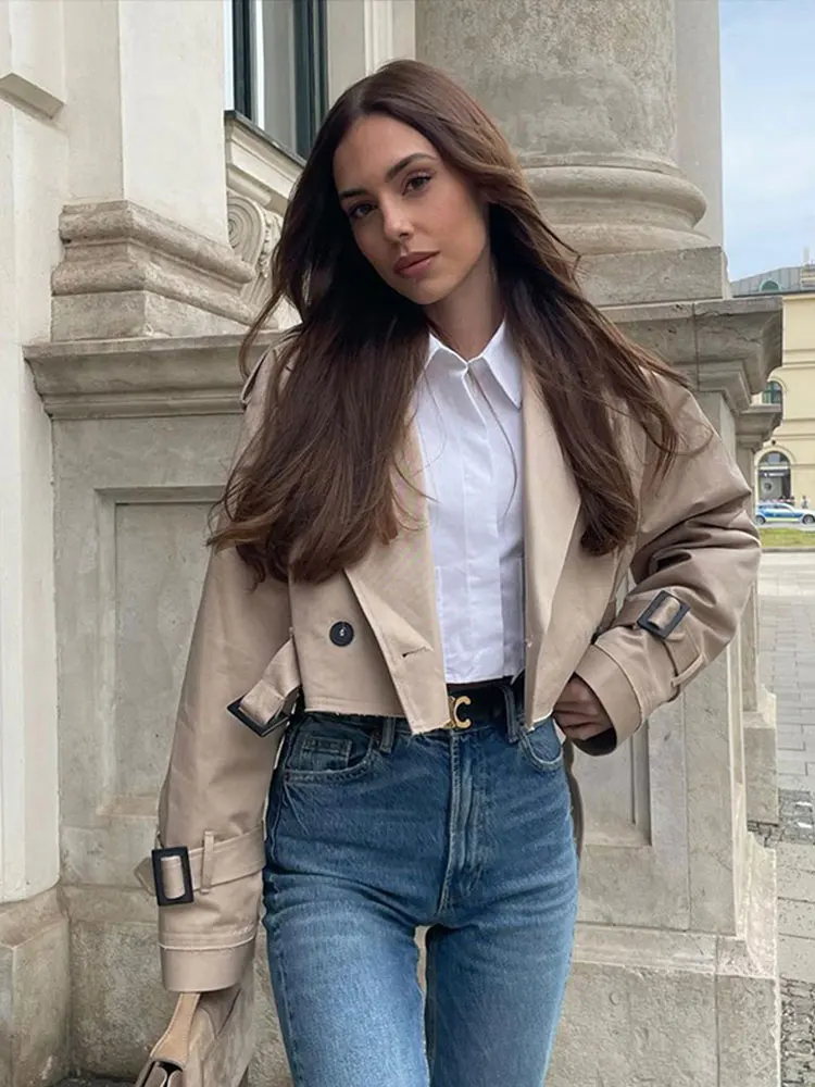 2023 herbst Mode Frauen Khaki Abgeschnitten Mantel Vintage Solide Langarm Mäntel Chic Tops Weibliche Casual Kleidung Streetwear – Detail 6