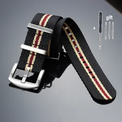 Enhanced Premium Ribbed Nylon Watch Band - Army Green Sport Fabric Bracelet - 18mm (Black Beige Red)