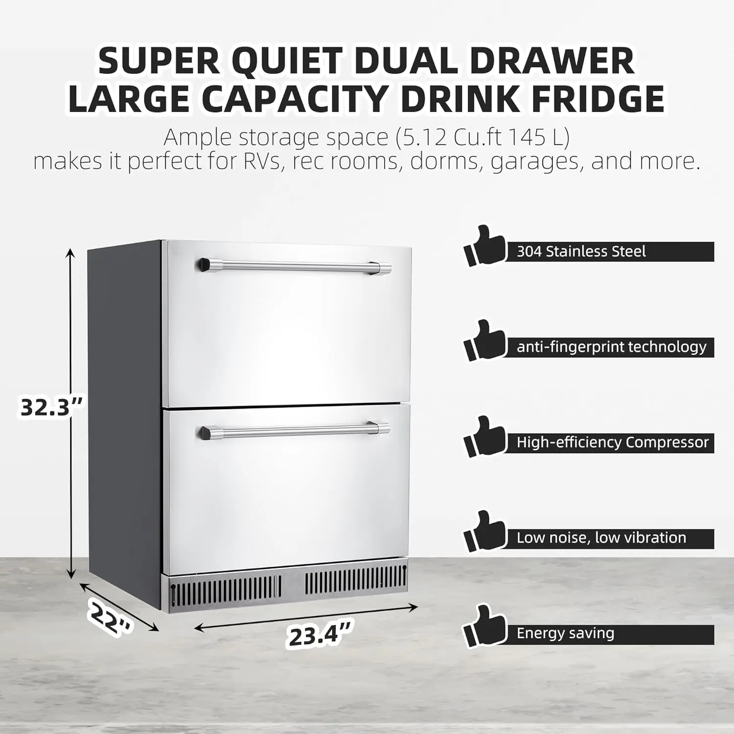 24" Outdoor Drawer Fridge, Counter Double Drawer Beverage Refrigerator, 5.2 Cu.Ft. Weather Proof Stainless Steel Built-in Fridge 6