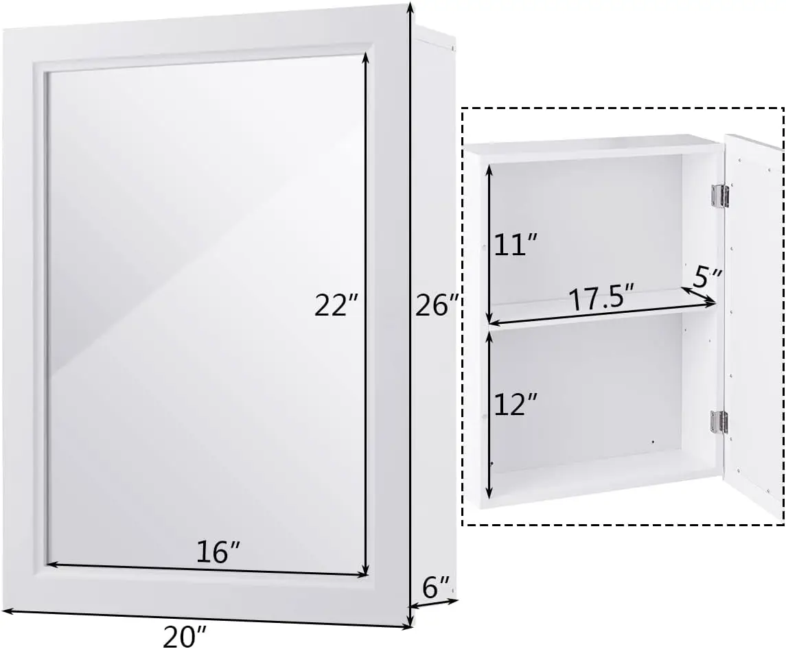 NEW Mirrored Bathroom Cabinet, Wall Mount Storage Cabinet with Single Doors,Hanging Medicine Cabinet for Bathroom (White) 5